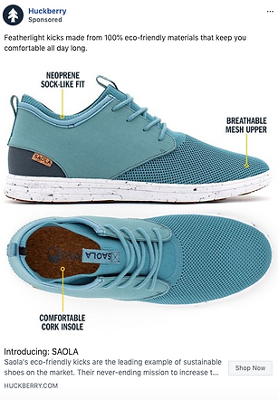 Two blue eco-friendly sneakers with a breathable mesh upper, neoprene sock-like fit, comfortable cork insole, and white speckled sole, shown from side and top views.