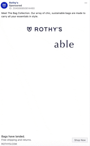 Ad for Rothy's bags featuring the text “Meet The Bag Collection” with the Rothy's logo and the word “able” partially overlapping it. Includes a “Shop Now” button at the bottom.