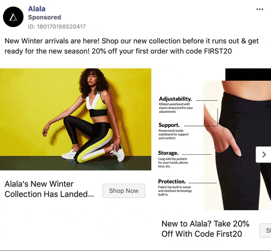 A woman models black and yellow activewear, while close-up shots highlight leggings' features. Text offers 20% off first order with code FIRST20 for Alala's new winter collection.