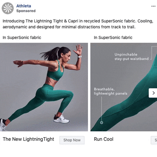 A female athlete in a green sports outfit runs in a lunge pose, showcasing Athleta’s Lightning Tight and Capri made from recycled SuperSonic fabric, with close-ups highlighting fabric features.