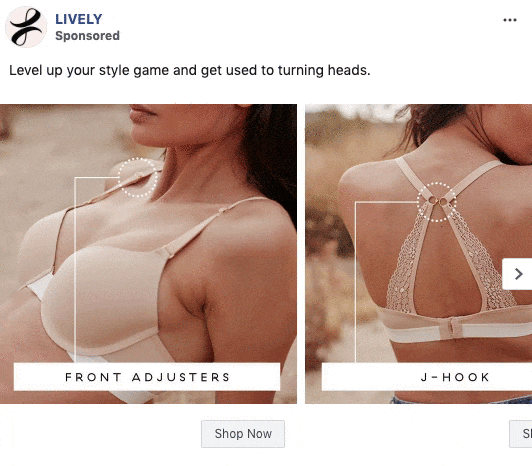A woman models a beige bra with front adjusters in the left image and a J-hook back design in the right image. Text and product features are highlighted.
