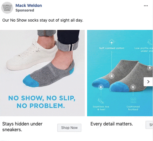 Close-up of feet wearing grey no show socks with blue toes and heels; product features labeled on image next to a pair of the socks on a blue background.