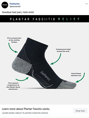 A black and gray sock is shown with labeled features for plantar fasciitis relief, including compression bands and a hand-linked, seamless toe.