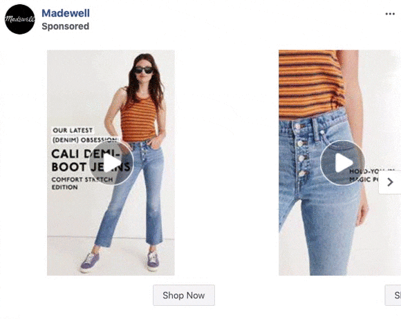 A woman wearing a striped tank top, blue demi-boot jeans, and sunglasses stands next to a close-up of the jeans; text advertises "Cali Demi-Boot Jeans.