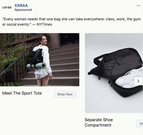 A woman walks up stairs carrying a black tote bag with a yoga mat attached; separate image shows the bag's shoe compartment holding white sneakers.