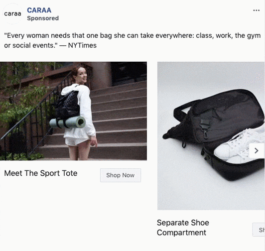 A woman walks up stairs carrying a black tote bag with a yoga mat attached; separate image shows the bag's shoe compartment holding white sneakers.