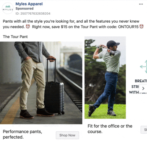 A man pulls a suitcase while wearing gray pants on the left; on the right, a man in similar pants plays golf. Text promotes versatile pants for work and sports.