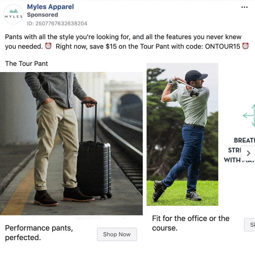 A man pulls a suitcase while wearing gray pants on the left; on the right, a man in similar pants plays golf. Text promotes versatile pants for work and sports.