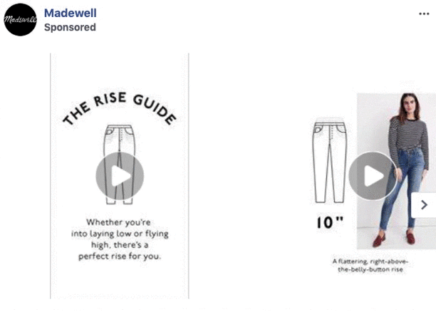 A Madewell ad displays "The Rise Guide" with two videos showing different jean rises and a woman wearing high-rise jeans with a striped shirt.
