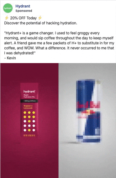 An image split in half: on the left, a Hydrant+ Rapid Hydration packet; on the right, a blurred to clear image of a coffee mug and a Hydrant+ packet.