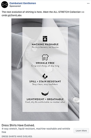 Close-up of a white dress shirt with text overlay listing features: machine washable, wrinkle free, spill and stain resistant, lightweight, and breathable.
