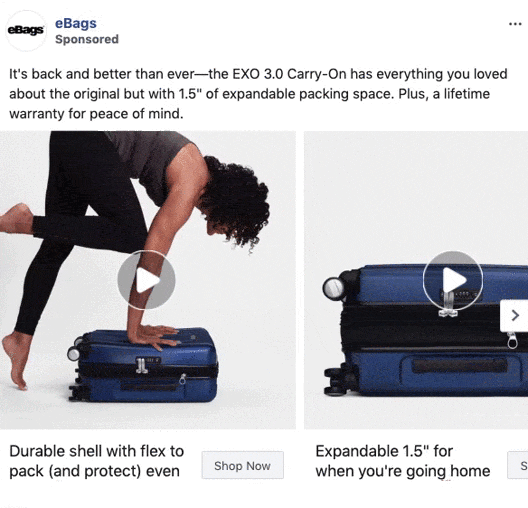 A person uses a suitcase as a platform to stretch on in one image, and in the next, the same suitcase is shown expanded with the zipper open.