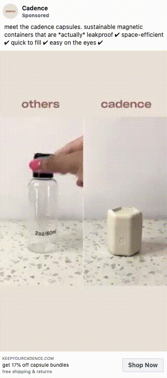 Side-by-side comparison of a leaking bottle labeled "others" and a white, leakproof container labeled "cadence" on a speckled surface.