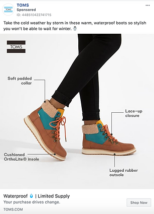 A person wears brown and teal waterproof boots with lace-up closure, soft padded collar, lugged rubber outsole, and cushioned insole, as described in labeled annotations.