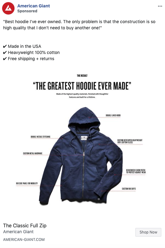 A navy blue zip-up hoodie is displayed against a white background with labeled features, including a double-lined hood, metal hardware, and reinforced elbows. Text reads: "THE GREATEST HOODIE EVER MADE.