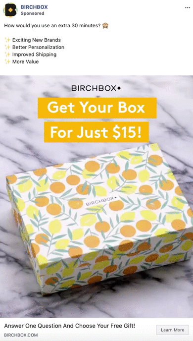 A patterned Birchbox with yellow and green leaves sits on a marble surface. Text promotes a $15 box offer with benefits like new brands and improved shipping.