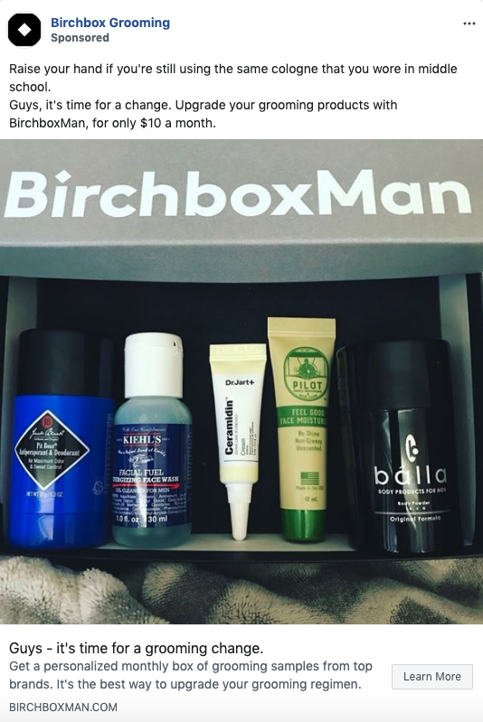A BirchboxMan grooming box containing five sample-sized grooming products displayed in an open box with the BirchboxMan logo.