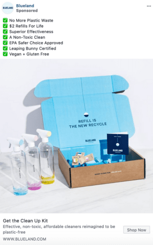 A Blueland cleaning kit with spray bottles, tablets, and accessories is displayed next to an open box with text: "Refill is the new recycle." Product benefits are listed above.