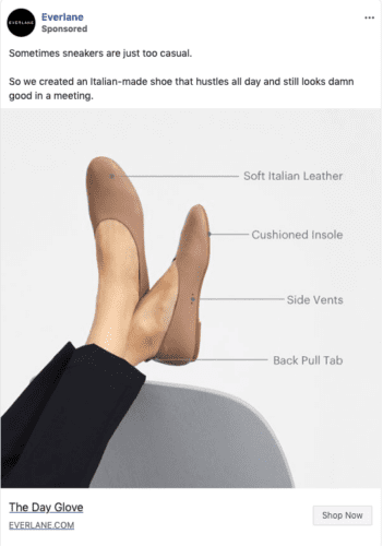 A person wearing tan loafers with labels pointing to features: soft Italian leather, cushioned insole, side vents, and back pull tab.