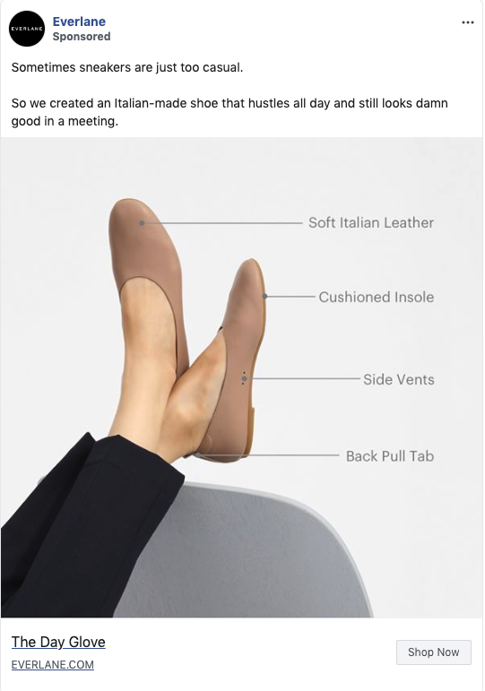 A person wearing tan loafers with labels pointing to features: soft Italian leather, cushioned insole, side vents, and back pull tab.