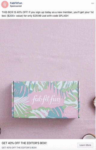A pastel-colored FabFitFun subscription box sits on a beige surface, partially opened, surrounded by minimal decor. Promo details for 40% off the first box are displayed above and below the image.