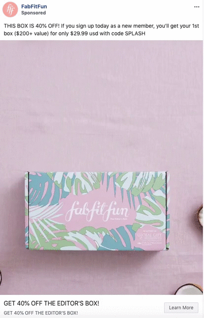 A pastel-colored FabFitFun subscription box sits on a beige surface, partially opened, surrounded by minimal decor. Promo details for 40% off the first box are displayed above and below the image.