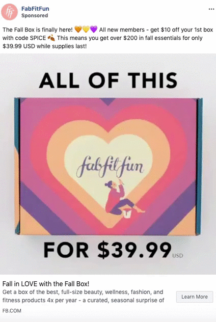 A FabFitFun Fall Box with a heart design is promoted as "All of this for $39.99 USD," highlighting savings on curated beauty, wellness, and fashion products.