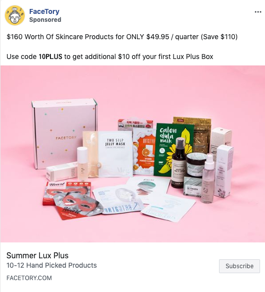 A subscription box with 10-12 assorted skincare products, including masks, creams, and bottles, displayed next to a pink and white box labeled FaceTory.