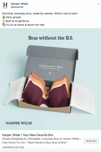 An open Harper Wilde box displays three bras in tan, pink, and purple shades on a light blue background, with branded paper and text reading “Bras without the B.S.”.