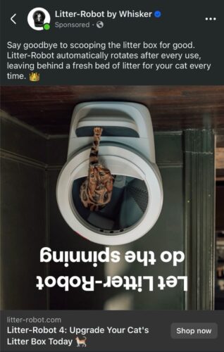 A cat sits inside a modern, automated litter box with a rounded design, viewed from above. A promotional message about the Litter-Robot is overlaid on the image.