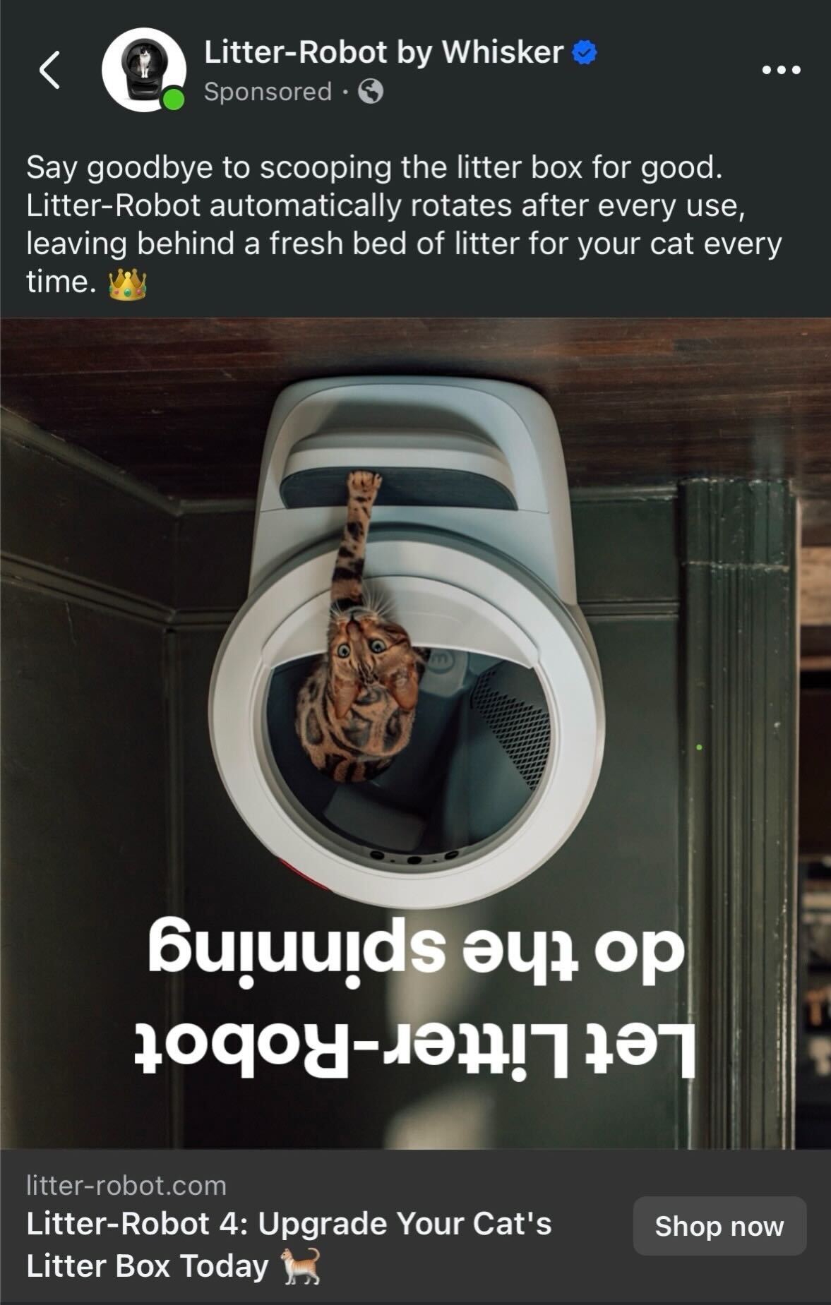 A cat sits inside a modern, automated litter box with a rounded design, viewed from above. A promotional message about the Litter-Robot is overlaid on the image.