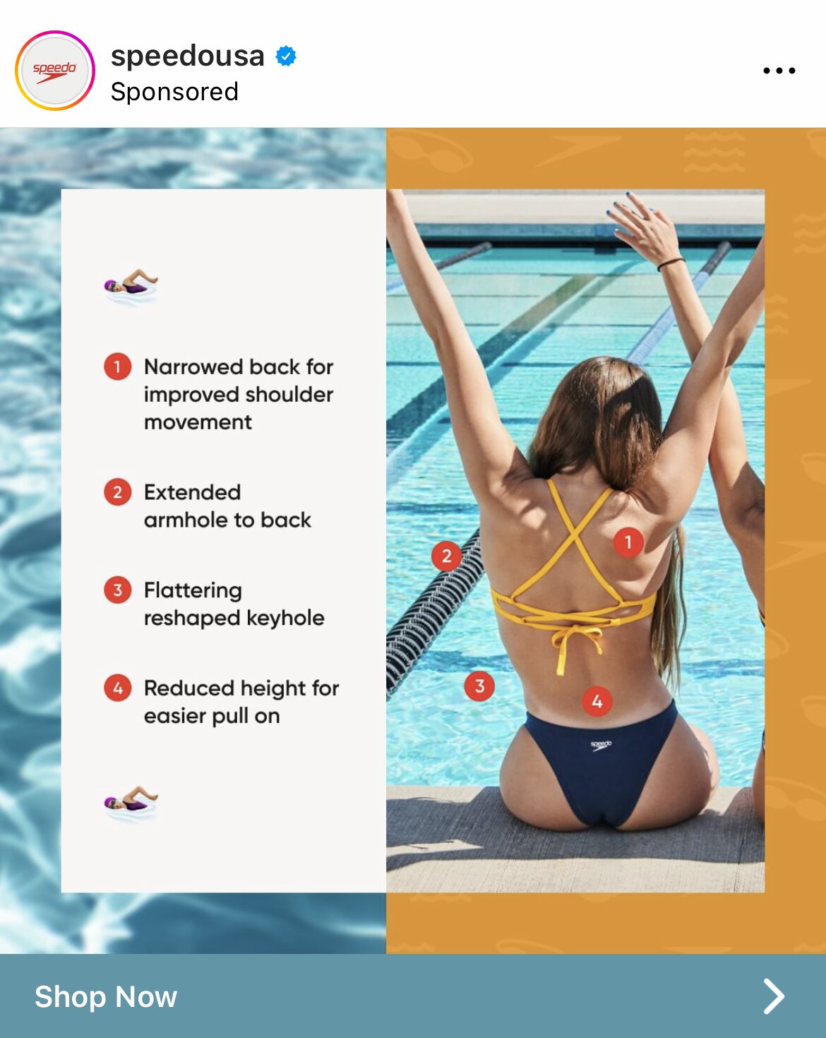 A woman in a swimsuit sits poolside with her arms raised; text highlights features like a narrowed back, extended armhole, reshaped keyhole, and reduced height for easy wear.