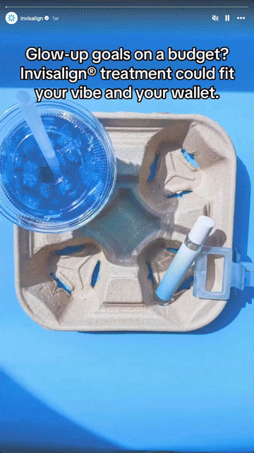 A blue drink, a white tube, and a blue Invisalign case rest in a cardboard drink carrier on a blue surface. Text above promotes affordable Invisalign treatment.