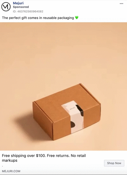 A small brown cardboard box with a white sticker sits on a beige surface, promoting reusable packaging.