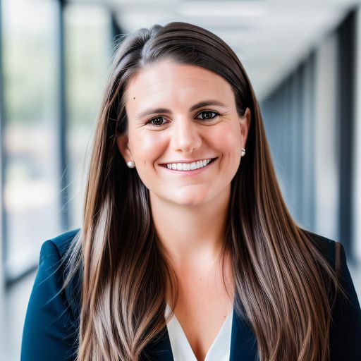 A woman with long brown hair, wearing a dark blazer and white top, smiles while standing in a brightly lit hallway with large windows.