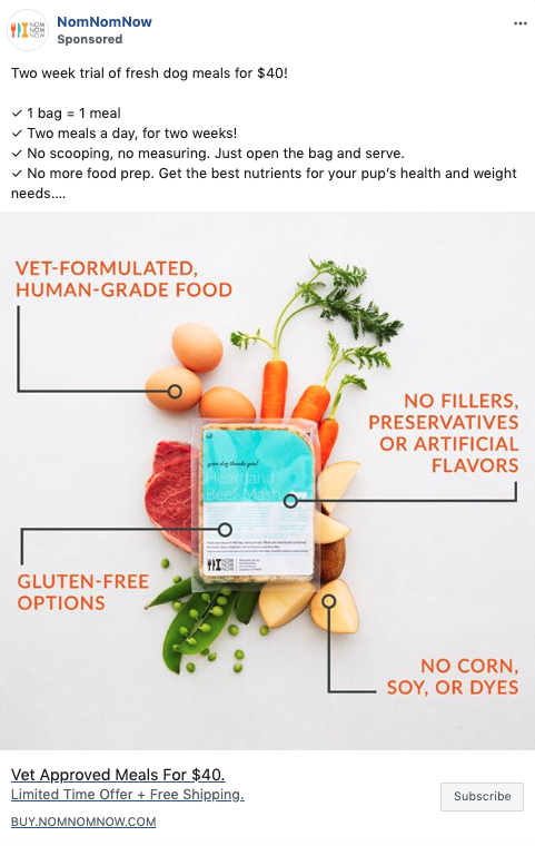 A package of NomNomNow dog food is surrounded by fresh ingredients like carrots, spinach, and meat, with text highlighting its health benefits and promotional offer.