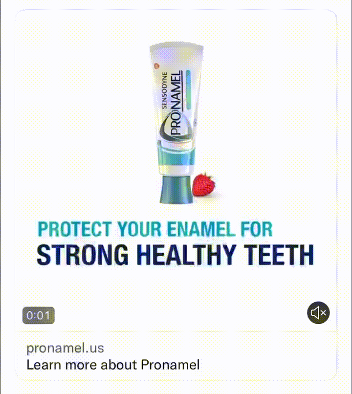 A tube of Sensodyne Pronamel toothpaste is shown above the text, "Protect your enamel for strong healthy teeth," with a strawberry next to the tube.