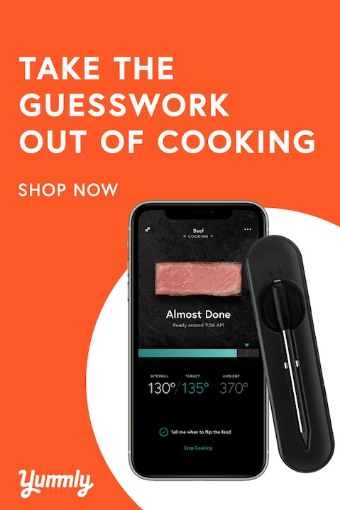 Smart meat thermometer and smartphone app display steak temperature and doneness, with text promoting precise cooking and a "Shop Now" call to action. Yummly logo in corner.