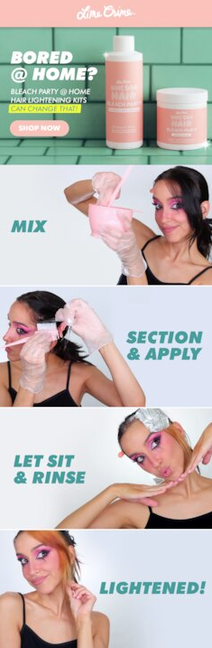 A woman demonstrates at-home hair lightening using a pink bleach product: mixing the formula, sectioning and applying, letting it sit, rinsing, and showing lightened hair results.