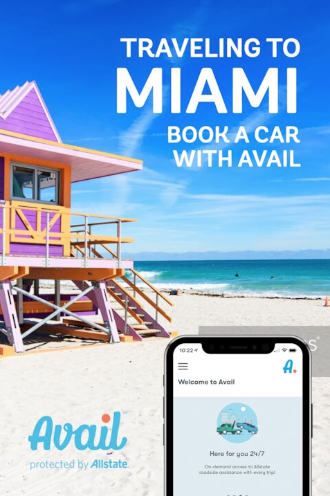A colorful lifeguard tower on a Miami beach with a phone displaying the Avail car booking app; text promotes booking a car in Miami with Avail.