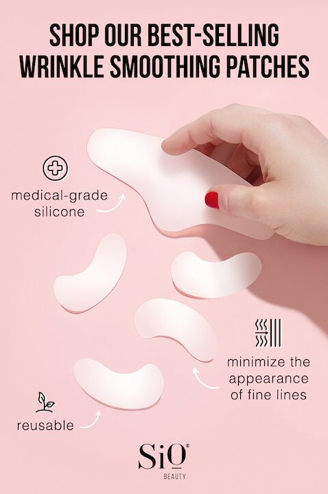 A hand holds a silicone wrinkle smoothing patch above four similar patches on a pink background, with text highlighting features like reusability and fine line reduction.