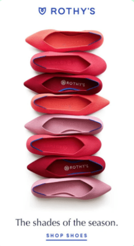 Six Rothy's flat shoes in various shades of pink and red are arranged in a vertical stack on a white background. Text reads, "The shades of the season. Shop shoes.
