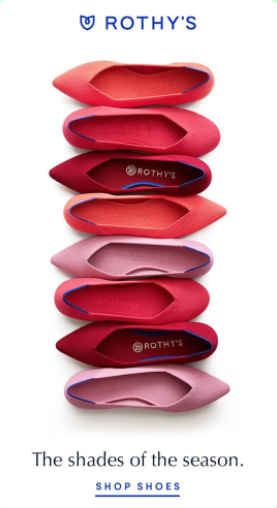 Six Rothy's flat shoes in various shades of pink and red are arranged in a vertical stack on a white background. Text reads, "The shades of the season. Shop shoes.