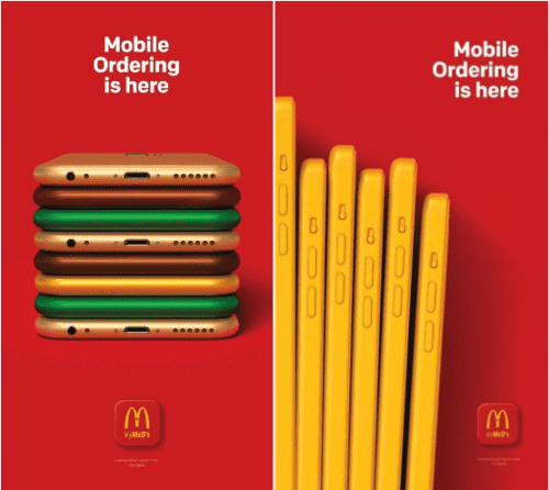 Two McDonald's ads: left shows phones stacked to resemble burgers, right shows phones in a row resembling French fries. Both have the text "Mobile Ordering is here" on a red background.