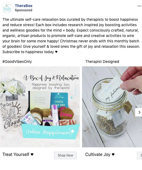 A Facebook ad for TheraBox shows a self-care gift box with various products and a jar labeled “joy” containing slips of paper with positive messages. Text describes the subscription box.