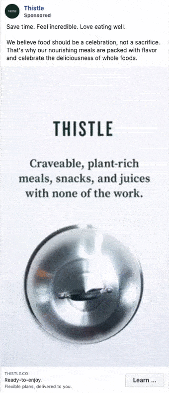 Overhead view of a pot lid with text: “Craveable, plant-rich meals, snacks, and juices with none of the work. Thistle. Ready-to-enjoy. Flexible plans, delivered to you.”.