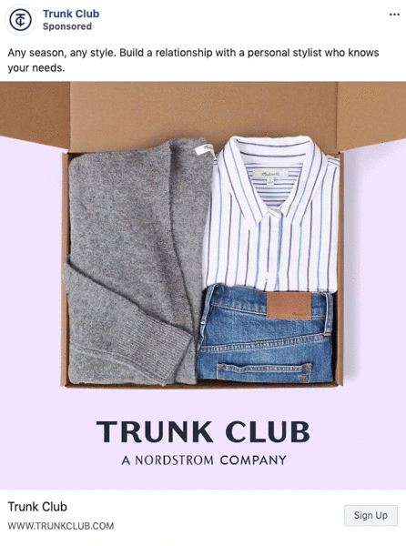 An open box displays a folded gray sweater, a striped button-down shirt, and a pair of blue jeans above the text "Trunk Club, A Nordstrom Company.