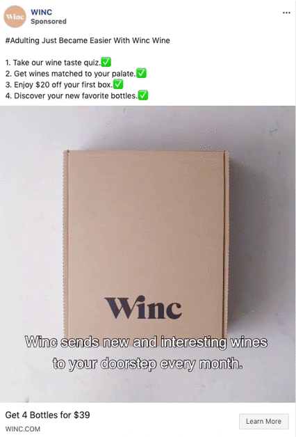 A cardboard Winc box is on a flat surface with text overlay describing a wine subscription service and promotional offer.