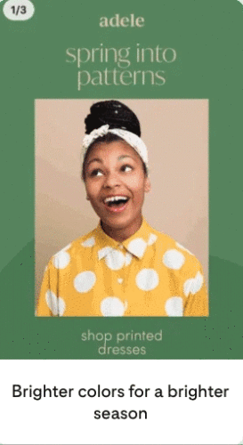 A woman in a yellow polka dot dress smiles against a beige background. Text reads "spring into patterns" and "shop printed dresses.