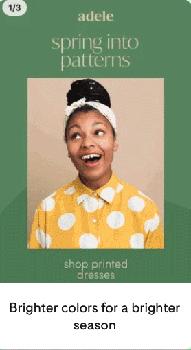 A woman in a yellow polka dot dress smiles against a beige background. Text reads "spring into patterns" and "shop printed dresses.